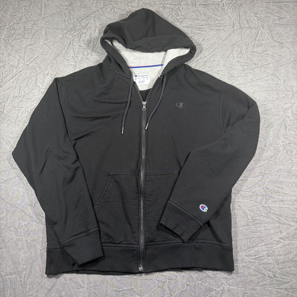 Champion Hoodie Mens L Black Full Zip Authentic Athleticwear Fleece Embroidered